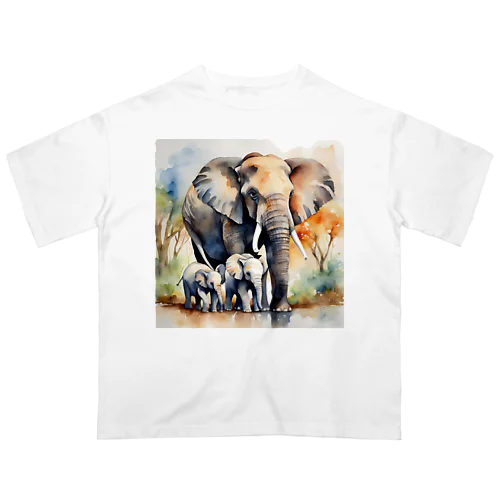 ゾウの親子　水彩4 Oversized T-Shirt