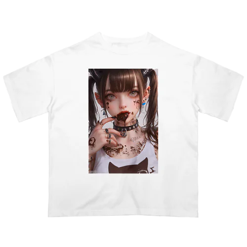 チョコを食べるメイド美女 オーバーサイズTシャツ