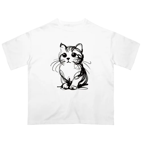 一筆書きで描かれたかわいい猫のイラスト オーバーサイズTシャツ