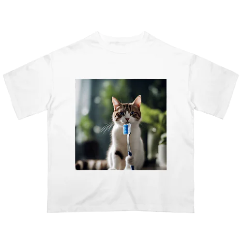 歯ブラシ猫 オーバーサイズTシャツ