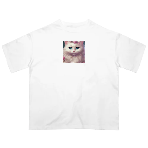 ホワイトロングヘアーの猫 オーバーサイズTシャツ