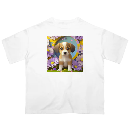 陽気な子犬と春の花々 Oversized T-Shirt