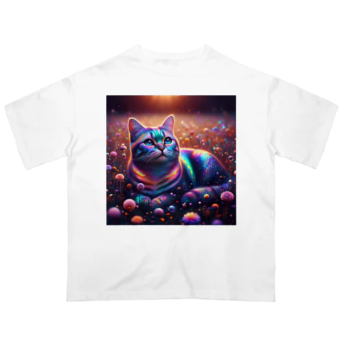 虹色の空を見上げる猫 Oversized T-Shirt