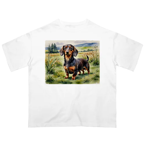 ミニチュア・ダックスフンド　Miniature Dachshund　水彩画風 オーバーサイズTシャツ