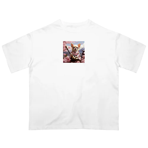 愛らしいチワワが三味線を奏でる姿＆一緒に桜の美しい風景を堪能🌸 オーバーサイズTシャツ