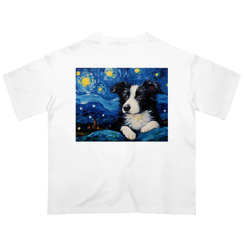 【星降る夜 - ボーダーコリー犬の子犬 No.1】 オーバーサイズTシャツ