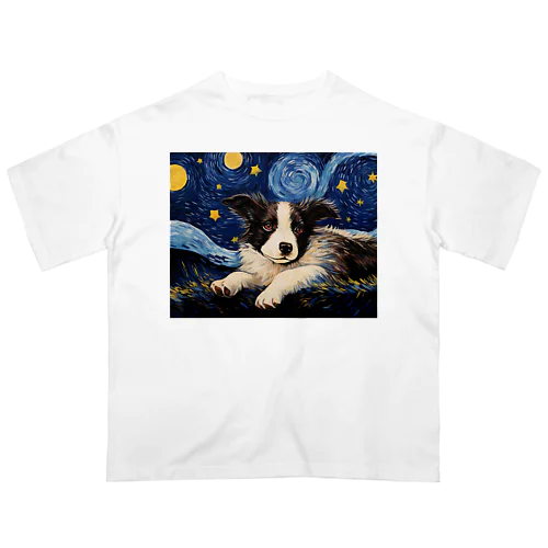 【星降る夜 - ボーダーコリー犬の子犬 No.3】 オーバーサイズTシャツ