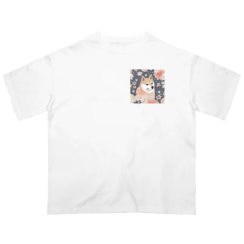 日本画風、柴犬と桜２-Japanese-style painting of a Shiba Inu with cherry blossoms 2 Oversized T-Shirt