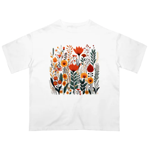 ヴィンテージなボヘミアンスタイルの花柄　Vintage Bohemian-style floral pattern オーバーサイズTシャツ