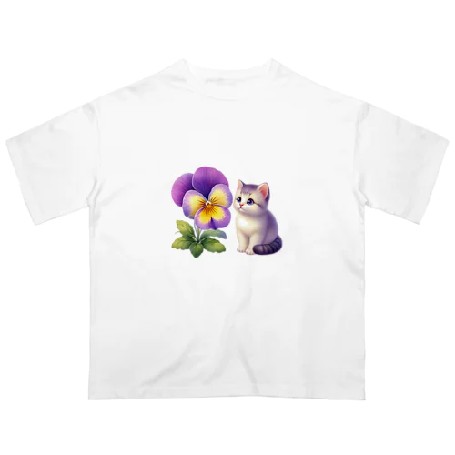 猫とパンジー オーバーサイズTシャツ