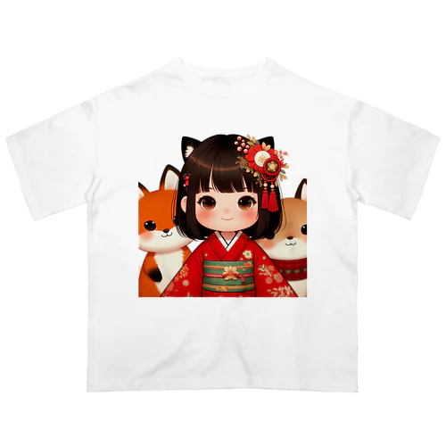 狐娘とかわいい狐 オーバーサイズTシャツ