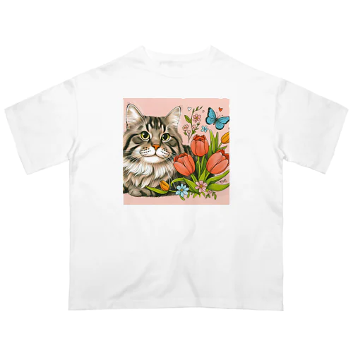 猫とチューリップ Oversized T-Shirt