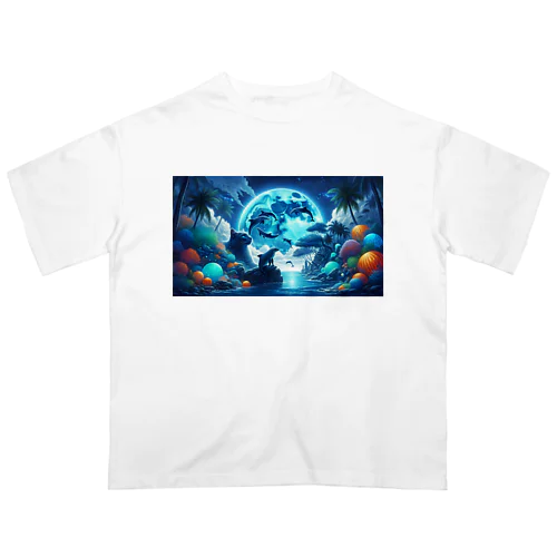 月を見る猫イルカと共に オーバーサイズTシャツ