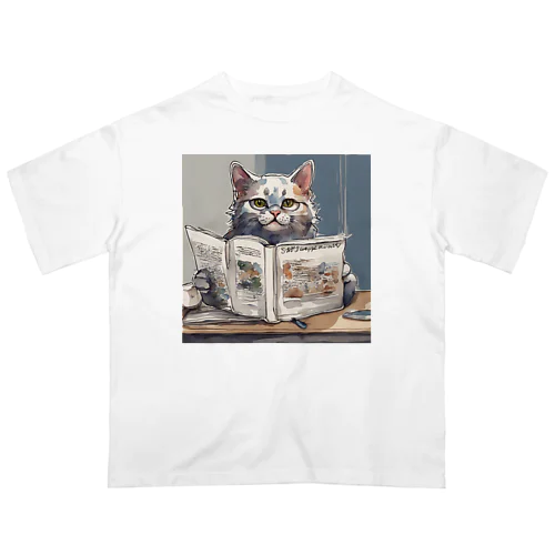 雑誌を読む猫 オーバーサイズTシャツ