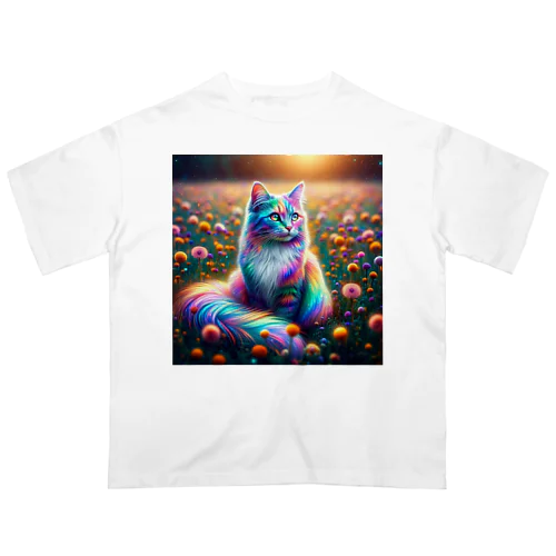 虹色に輝く優雅な猫 オーバーサイズTシャツ