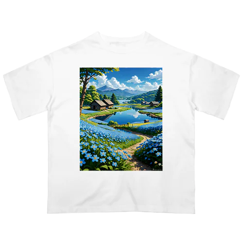 湖のほとり青の草原 オーバーサイズTシャツ