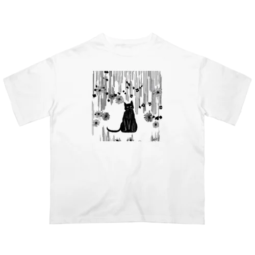 黒猫　大正ロマン　モノクロ　絵画 Oversized T-Shirt