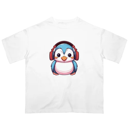 赤いヘッドホンを付けているペンギン Oversized T-Shirt