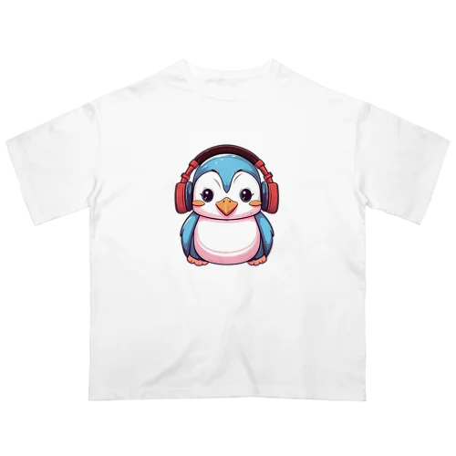 赤いヘッドホンを付けているペンギン オーバーサイズTシャツ