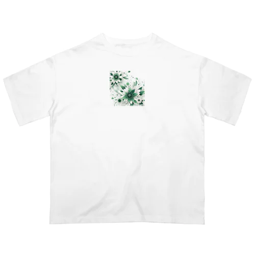 数学的なデザインを持つ緑と白の花 オーバーサイズTシャツ