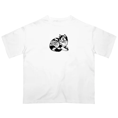 浮世絵の三毛猫　白黒 オーバーサイズTシャツ
