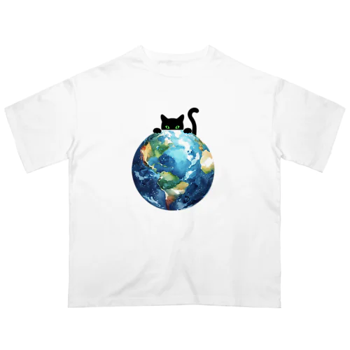 地球と黒猫 オーバーサイズTシャツ