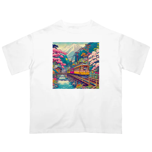 日本の風景:花の季節を楽しめる観光列車、Japanese scenery: Sightseeing train where you can enjoy the flower season オーバーサイズTシャツ