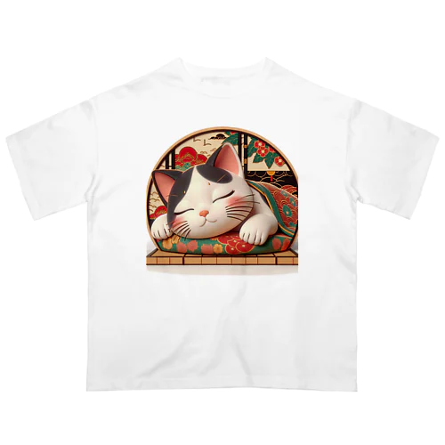 浮世絵風　カラフルな眠り猫"Ukiyo-e Style: Colorful Sleeping Cat" "浮世绘风格：色彩丰富的睡猫" Oversized T-Shirt