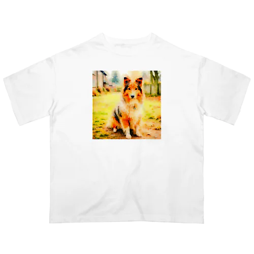 レトロな犬の水彩画/シェットランド・シープドッグのヴィンテージ風イラスト オーバーサイズTシャツ