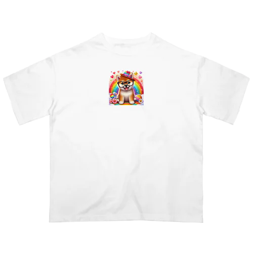 メガネをかけて笑顔が似合う　わんちゃん Oversized T-Shirt