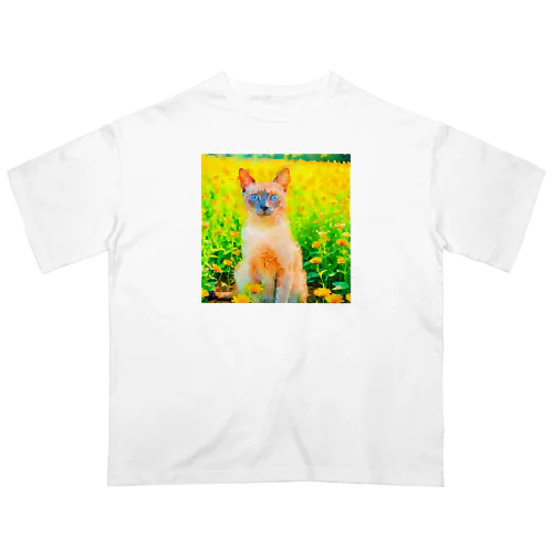 猫の水彩画/花畑のトンキニーズねこのイラスト/ポイントネコ オーバーサイズTシャツ