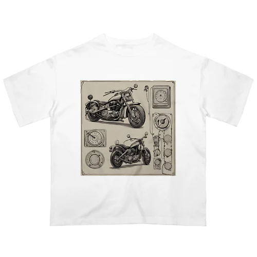 クラシックバイクの設計図と計器類 オーバーサイズTシャツ