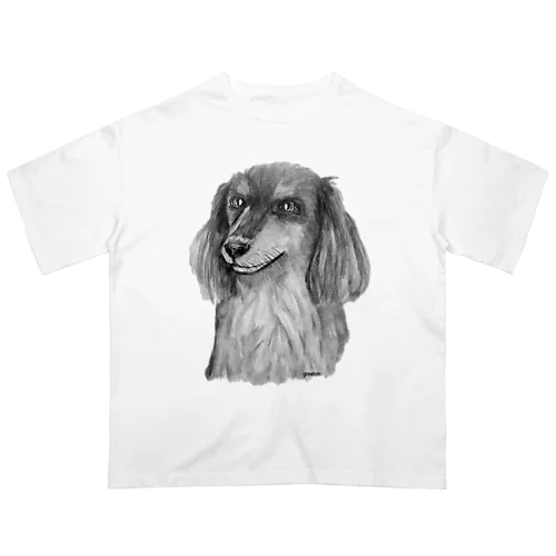 ダックス　アート犬モノクロ　ブラックタン オーバーサイズTシャツ