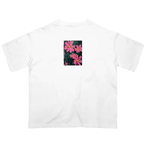 PINK FLOWERS with Dark Background オーバーサイズTシャツ