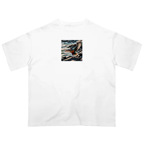 波打ち際で羽ばたく色鮮やかな鳥 Oversized T-Shirt