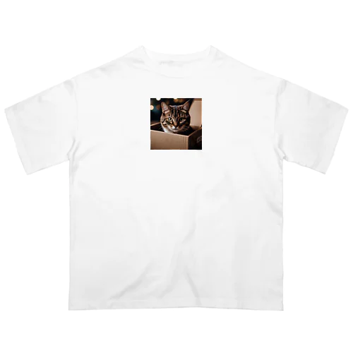 段ボールに入ってこっちを見つめる猫 オーバーサイズTシャツ