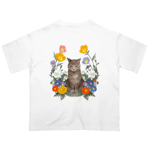 花と猫 オーバーサイズTシャツ