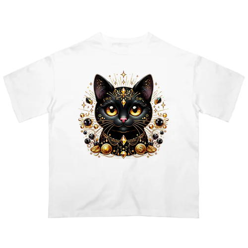 金運の黒猫の神様 オーバーサイズTシャツ