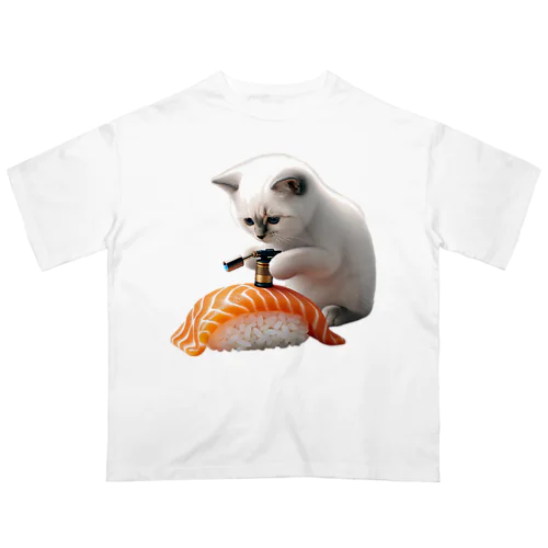 【炙りサーモン】寿司職人猫🐱 オーバーサイズTシャツ