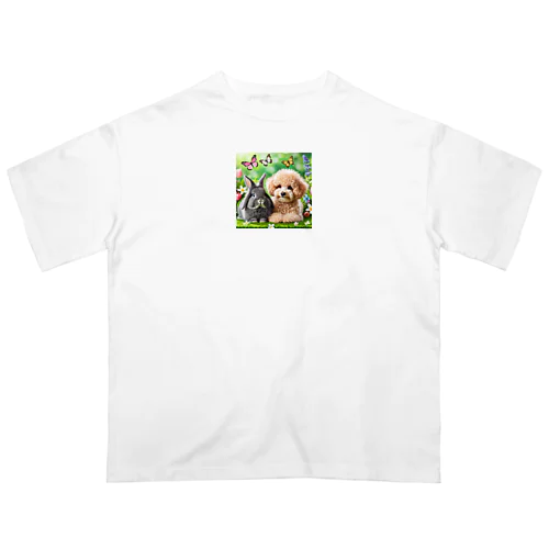 うさぎのネザーランドドワーフと犬のトイプードル オーバーサイズTシャツ