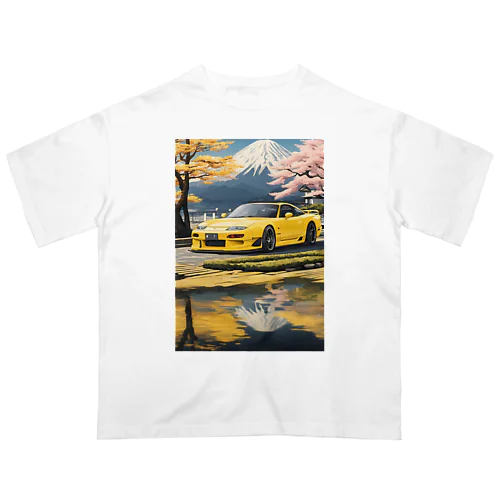 黄色いスポーツカーと日本の風景3 オーバーサイズTシャツ