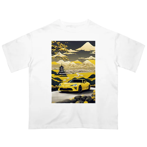 黄色いスポーツカーと日本の風景4 オーバーサイズTシャツ