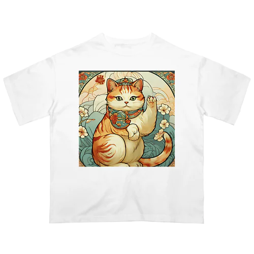 お客様を招く左手招き猫ミュシャ風 Oversized T-Shirt