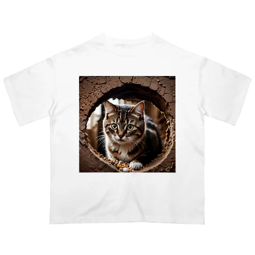穴から覗く猫 オーバーサイズTシャツ