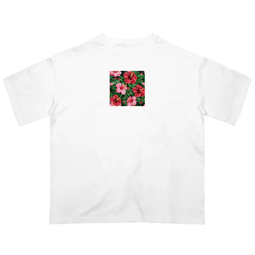 赤色の花ハイビスカス オーバーサイズTシャツ