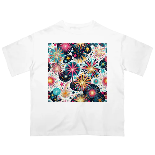 和風柄　花火柄 オーバーサイズTシャツ