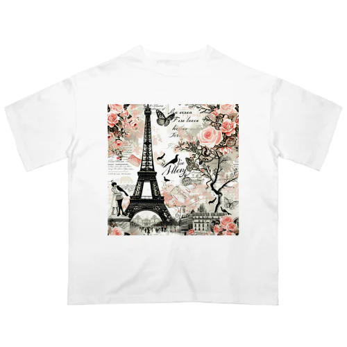 パリ　エッフェル塔　ラブレター　薔薇　蝶々　鳥　綺麗 Oversized T-Shirt