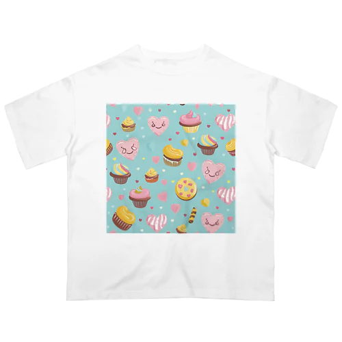 ハート　赤　ピンク　カップケーキ　お菓子　可愛い オーバーサイズTシャツ