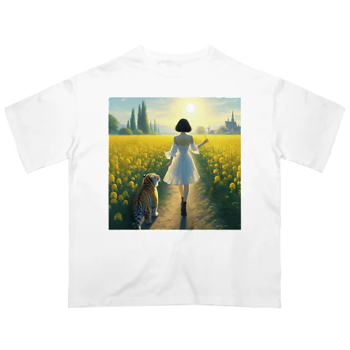 菜の花畑の少女と小虎 オーバーサイズTシャツ