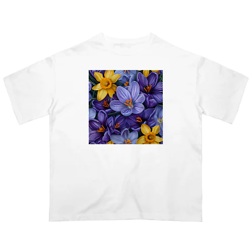 紫色のクロッカスの花　黄色のダッフォディルの花　イラスト Oversized T-Shirt